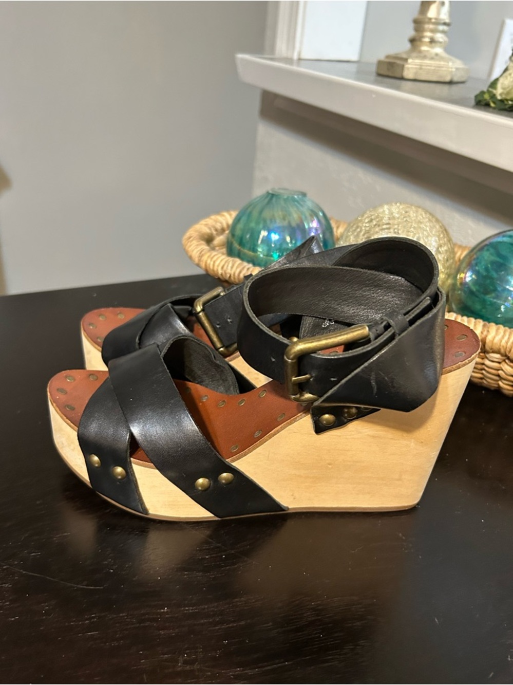 Maje Wooden Wedged Black Leather Ankle Wrap Sandals Size 38